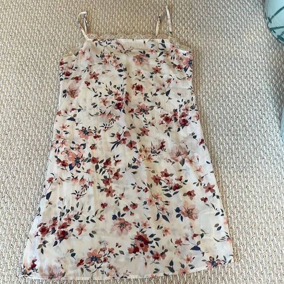 Hollister Silk Like White Floral Mini Dress with Square Neck and Lace on the Top